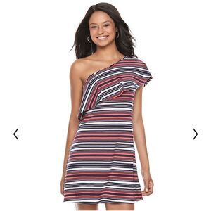 NWT Love Fire Dress One Shoulder Striped Navy Blue White Coral Pink NWT Junior L